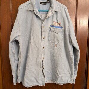 Vintage 90s Cat Embroidery Denim Button-up Shirt